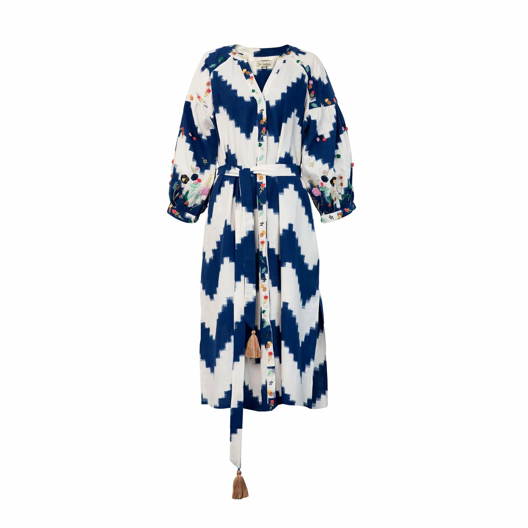 De Castro Blue Zig Zag Dress With Multi Embroidery 3 De Castro Blue Zig Zag Dress With Multi Embroidery