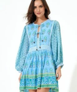 OLIPHANT Tie Front Balloon Sleeve- Clover Blue