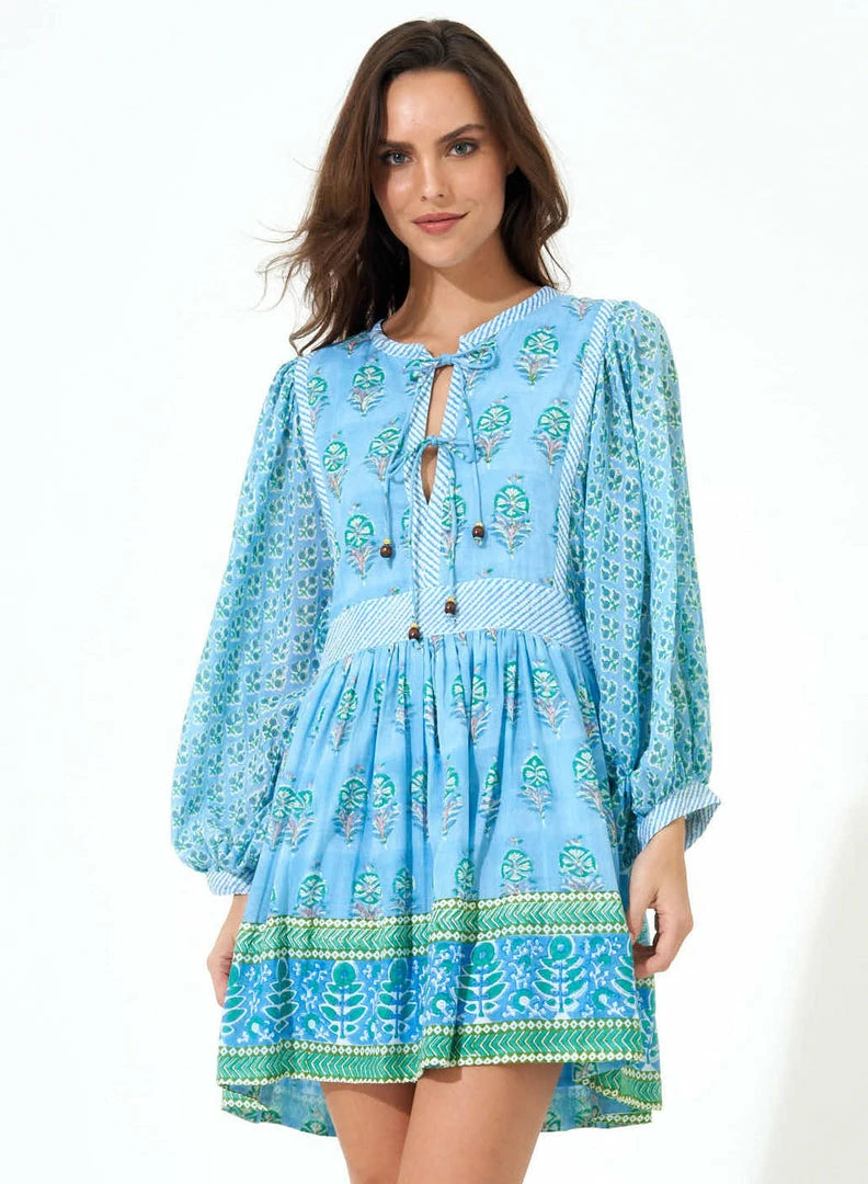 OLIPHANT Tie Front Balloon Sleeve- Clover Blue 3 OLIPHANT Tie Front Balloon Sleeve- Clover Blue