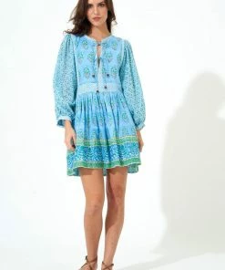 OLIPHANT Tie Front Balloon Sleeve- Clover Blue