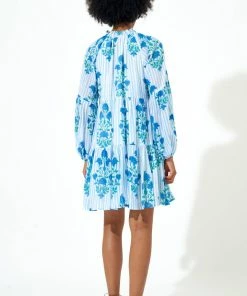 OLIPHANT Balloon Sleeve Short Dress- Jaipur Blue Stripe