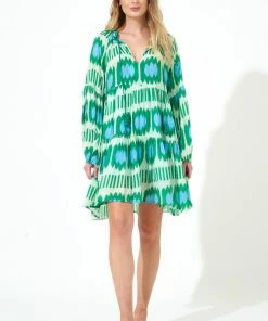 OLIPHANT Balloon Sleeve Short Dress- Ikat Mint