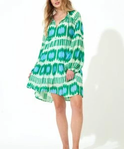 OLIPHANT Balloon Sleeve Short Dress- Ikat Mint