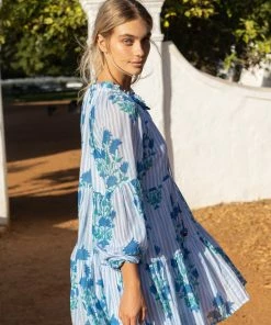 OLIPHANT Balloon Sleeve Short Dress- Jaipur Blue Stripe