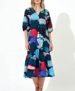 OLIPHANT Button Puff Sleeve Midi- Pacifica Black