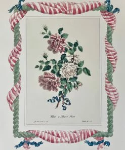 Missy Norton Art & Games Striped Roses Antique Print With Hand-painted Roping And Striped Fabric Border.