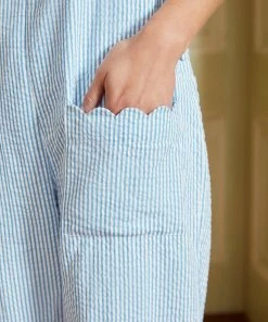 Seraphina WHAT'S HOT SCALLOP DUNGAREES | Blue & White Stripe Seersucker