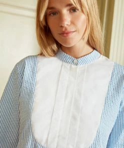 Seraphina WHAT'S HOT THE BIB SHIRT | Blue & White Stripe Seersucker