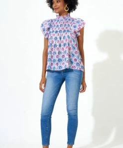 OLIPHANT Pintuck Ruffle Top- Iris Blue