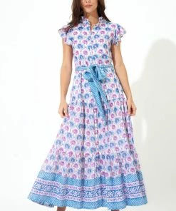 OLIPHANT Ruffle Collar Button Maxi- Iris Blue