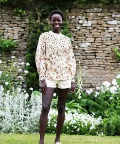 Seraphina Tops CUTWORK BLOUSE | Brown Florals