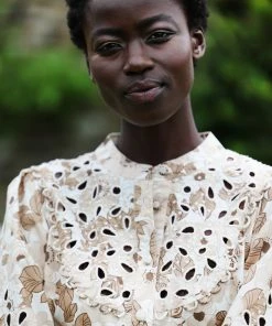 Seraphina Tops CUTWORK BLOUSE | Brown Florals