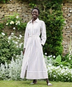 Seraphina THE PUFF SLEEVE SHIRT DRESS | Tan & White Stripe