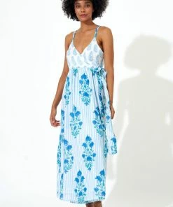 OLIPHANT Sleeveless Wrap Dress- Jaipur Blue Stripe
