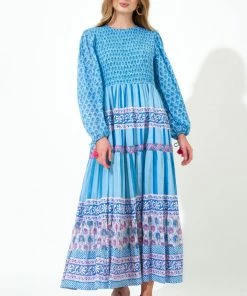 OLIPHANT Smocked Top Maxi- Fern Blue