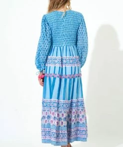 OLIPHANT Smocked Top Maxi- Fern Blue