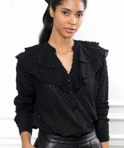 The Shirt By Rochelle Behrens The Ruffled Shirt In Black Swiss Dot