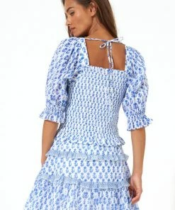 OLIPHANT Puff Sleeve Smocked Top- Flora Blue