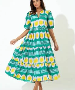 OLIPHANT Puff V-Neck Maxi- Ikat Green