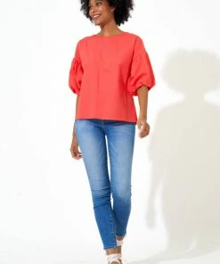 OLIPHANT Puff Sleeve Blouse- Solid Coral
