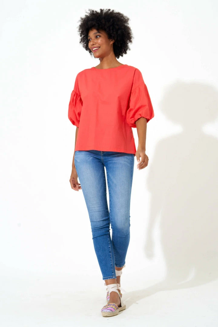 OLIPHANT Puff Sleeve Blouse- Solid Coral 3 OLIPHANT Puff Sleeve Blouse- Solid Coral