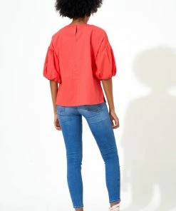OLIPHANT Puff Sleeve Blouse- Solid Coral 5 OLIPHANT Puff Sleeve Blouse- Solid Coral
