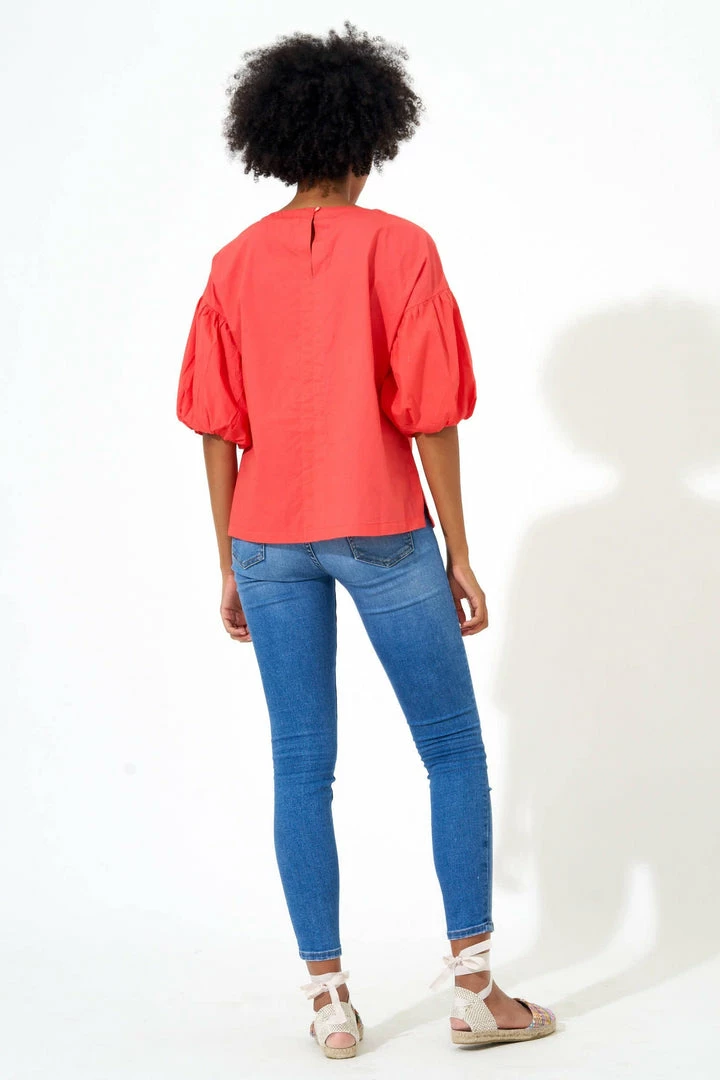 OLIPHANT Puff Sleeve Blouse- Solid Coral 4 OLIPHANT Puff Sleeve Blouse- Solid Coral