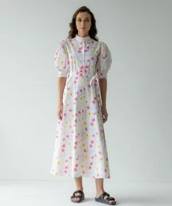 Sruti Dalmia Chloe Dress-White-Pink, Yellow Flowers CLOTHING